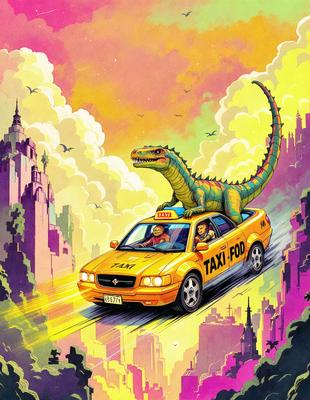 Primary subject: A yellow taxi cab with a large green lizard on top of it.

Setting/background: The taxi is driving down a street with a cityscape in the background.

Visual style: The image is a digital art illustration.

Colors and mood: The colors are vibrant and lively, with the yellow taxi and green lizard being the main focus. The overall atmosphere is playful and whimsical.
