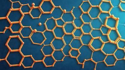 The primary subject of the image is a close-up of a molecule, specifically a DNA molecule. The setting is a blue background, which provides a contrasting color to the molecule. The visual style is a digital art or illustration, as the molecule is depicted in a detailed and intricate manner. The colors and mood of the image are predominantly blue, which adds to the scientific and intellectual atmosphere of the scene.