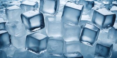 The primary subject of the image is a large group of ice cubes. The ice cubes are arranged in a visually appealing manner, creating a sense of depth and dimension. The setting is a cold environment, likely a freezer or a refrigerator, as the ice cubes are placed on a surface that is likely to be a shelf or a counter. The visual style of the image is a close-up of the ice cubes, showcasing their intricate patterns and textures. The colors and mood