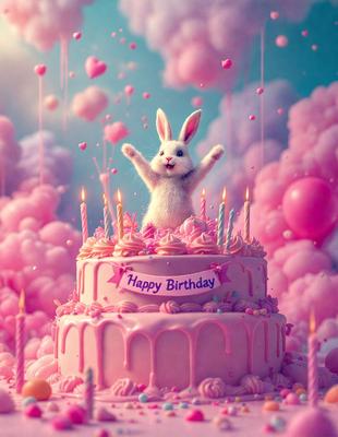 The primary subject of the image is a cake with a bunny figure on top, celebrating a birthday. The cake is placed on a pink surface, which adds to the festive atmosphere. The visual style of the image is digital art, as it appears to be a computer-generated illustration. The colors and mood of the image are predominantly pink, creating a warm and joyful ambiance.