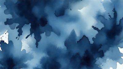 The primary subject of the image is a painting of a forest with trees and a blue sky. The setting is a cloudy sky, and the visual style is a watercolor painting. The dominant colors are blue and green, creating a serene and calming atmosphere.