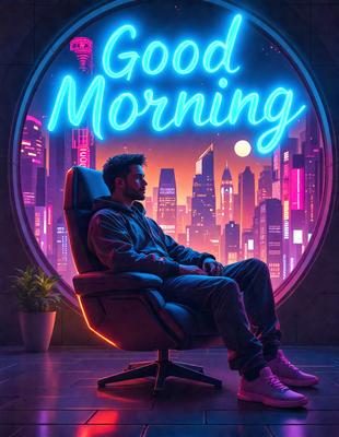 The primary subject of the image is a man sitting in a chair, possibly in a futuristic setting. The man is wearing a hoodie and appears to be looking at the camera. The setting is a futuristic cityscape, with a pink sky and a lit-up city in the background. The visual style of the image is a combination of digital art and illustration, creating a vibrant and dynamic scene. The colors and mood of the image are predominantly pink and purple, giving