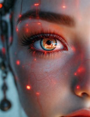 The primary subject of the image is a woman with a unique eye design. The setting is a close-up of her eye, and the visual style appears to be a digital art or illustration. The colors and mood of the image are predominantly red, giving it a bold and striking appearance.