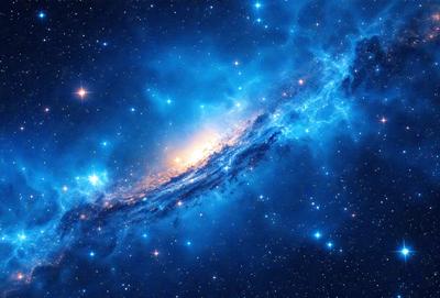 The primary subject of the image is a blue nebula, which is a cloud of gas and dust in space. The setting is a dark, star-filled sky, with the nebula being the main focus of the image. The visual style is a combination of a photo and digital art, creating a stunning and detailed representation of the nebula. The colors and mood of the image are predominantly blue, with the nebula appearing as a swirling mass of stars and celestial bodies.