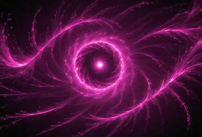 The primary subject of the image is a pink, swirling, and glowing circle. The setting is a dark background, which contrasts with the bright pink circle. The visual style appears to be a combination of a photo and digital art, creating a unique and eye-catching effect. The colors and mood of the image are predominantly pink, giving it a warm and vibrant atmosphere.