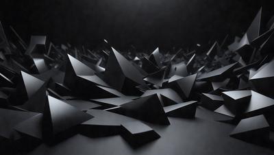 The primary subject of the image is a large number of triangular shapes, which are black in color. These shapes are arranged in a way that creates a visually striking pattern. The setting is a dark background, which contrasts with the shapes and adds to the overall mood of the image. The visual style of the image is a combination of digital art and illustration, as the shapes are intricately arranged and the overall composition is well-executed. The dominant colors are black, and the atmosphere is mysterious and captivating