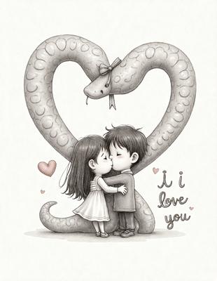 The primary subject of the image is a little girl and a little boy who are standing close to each other and kissing. They are surrounded by a heart-shaped snake, which is a unique and playful element of the scene. The setting appears to be a whimsical and imaginative environment, possibly a fantasy world or a creative illustration. The visual style of the image is a combination of digital art and illustration, giving it a charming and artistic appearance. The colors and mood of the image