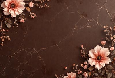 The primary subject of the image is a brown marble table with a pattern of pink flowers on it. The setting is a room with a brown table as the main focus. The visual style is a combination of a photo and digital art, creating a unique and artistic representation of the marble table. The colors and mood of the image are warm and inviting, with the pink flowers adding a touch of elegance and sophistication.