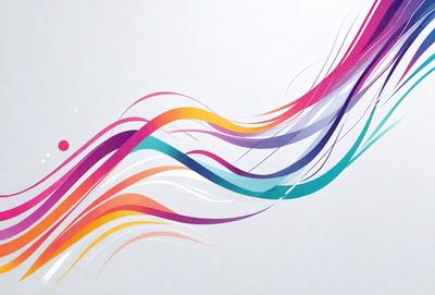 The primary subject of the image is a colorful, swirling pattern that resembles a waterfall or a flowing ribbon. The setting is a white background, which provides a clean and minimalist appearance. The visual style is a combination of digital art and illustration, creating a vibrant and dynamic scene. The dominant colors are a mix of blue, purple, yellow, and pink, giving the image a lively and energetic mood.