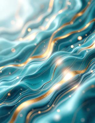 The primary subject of the image is a blue and gold ocean wave. The setting is a blue ocean with a golden hue, creating a serene and calming atmosphere. The visual style is a combination of photo and digital art, giving the image a unique and artistic appearance. The dominant colors are blue and gold, with the blue representing the ocean and the gold representing the golden hue of the wave.
