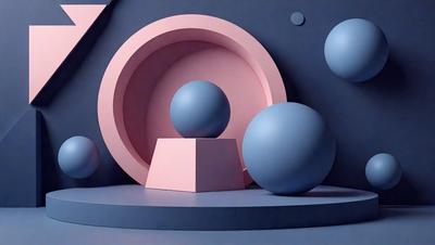 The primary subject of the image is a pink and blue sphere, which is the main object in the scene. The setting is a room with a pink background, and the visual style appears to be a digital art or illustration. The colors and mood of the image are predominantly pink and blue, creating a calm and serene atmosphere.