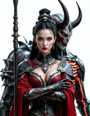The primary subject of the image is a woman dressed in a red outfit, with a demonic or demon-like figure standing behind her. The woman is holding a staff, and the demon appears to be a part of her outfit or costume. The setting is a dark, possibly fantasy-themed environment, with the woman and demon as the main focus. The visual style is a combination of photo and digital art, creating a unique and intriguing scene. The colors and mood are dark and dramatic, with the