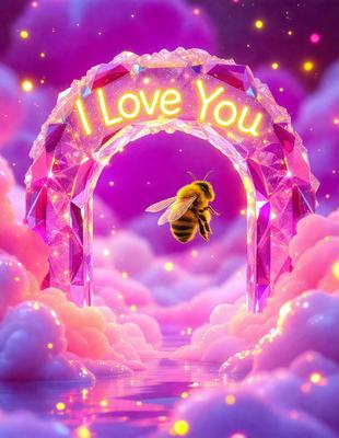 The primary subject of the image is a bee flying through a pink and purple tunnel. The setting is a whimsical, colorful environment with a cloudy background. The visual style is a combination of digital art and illustration, creating a vibrant and lively atmosphere. The dominant colors are pink, purple, and white, with the bee being the main focal point.