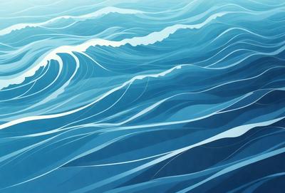 The primary subject of the image is a large body of blue water, with waves and ripples visible. The setting is a vast ocean, and the visual style is a combination of digital art and illustration. The dominant colors are blue and white, creating a serene and calming atmosphere.