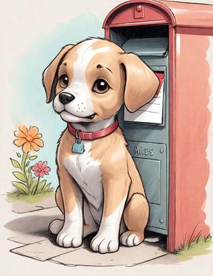 The primary subject of the image is a small brown and white dog sitting in front of a mailbox. The setting is outdoors, with a red mailbox visible in the background. The visual style is a hand-drawn illustration, giving the image a warm and friendly atmosphere. The colors are predominantly earth tones, with the dog being brown and white, and the mailbox being red.