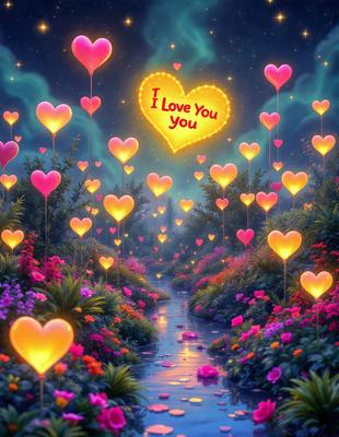 The primary subject of the image is a heart-shaped sign that reads "I love you." The setting is a beautiful garden with a stream of hearts floating in the water. The visual style is a digital art, creating a whimsical and romantic atmosphere. The colors are predominantly pink, which adds to the warm and loving mood of the scene.