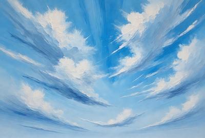The primary subject of the image is a cloudy blue sky with white clouds. The setting is a vast, open space with no visible landmarks or objects. The visual style is a painting, which gives the scene a more artistic and creative appearance. The dominant colors are blue and white, creating a serene and calming atmosphere.