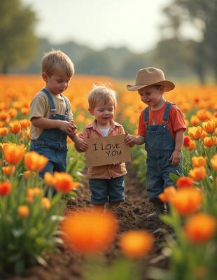 The image features three young children standing in a field of flowers, likely tulips. They are smiling and enjoying their time together. The children are wearing overalls, which adds a playful and casual vibe to the scene. The field of flowers provides a beautiful and natural backdrop for the children's playful moment.