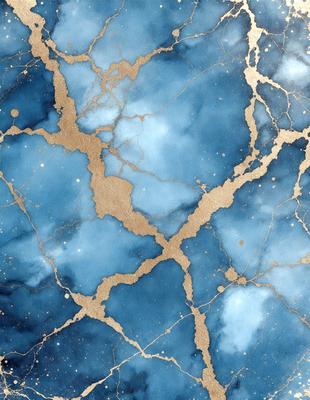 The primary subject of the image is a blue and gold marbled wall. The setting is a room with a blue and gold marbled wall, which serves as the background. The visual style is a combination of digital art and illustration, creating a unique and intricate design. The dominant colors are blue and gold, giving the wall a luxurious and elegant appearance.