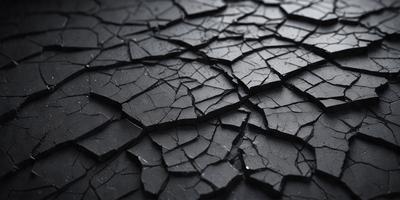 The primary subject of the image is a close-up of a cracked, broken, and chipped black surface. The setting is a dark room, and the visual style is a black and white photo. The colors and mood of the image are dark and moody, with the black surface creating a dramatic and intense atmosphere.