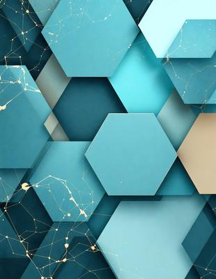 The primary subject of the image is a blue and gold geometric pattern. The setting is a blue wall with a pattern of hexagons, and the visual style is a combination of digital art and illustration. The dominant colors are blue and gold, creating a sense of depth and sophistication.