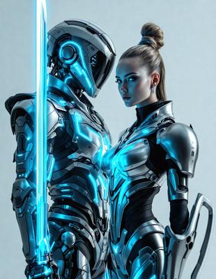 The primary subject of the image is a futuristic robotic character, possibly a female cyborg, standing next to another robotic character. The setting appears to be a futuristic environment, possibly a space station or a high-tech facility. The visual style of the image is digital art, as it features intricate details and a high level of realism. The dominant colors in the image are blue and silver, giving the scene a sleek and futuristic appearance. The overall atmosphere of the image is one of advanced technology and
