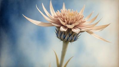 The primary subject of the image is a large, beautiful flower with a pink and white color scheme. The flower is situated in a blue sky, which serves as the setting and background of the scene. The visual style of the image is a close-up of the flower, showcasing its intricate details and textures. The colors and mood of the image are serene and calming, with the blue sky and the delicate petals of the flower creating a sense of tranquility.