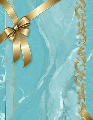 The primary subject of the image is a blue marble background with a gold bow. The setting is a marble surface, and the visual style is a combination of photo and digital art. The dominant colors are blue and gold, creating a sophisticated and elegant atmosphere.
