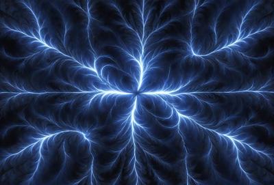 The primary subject of the image is a blue lightning bolt, which is the main object, scene, or focus of the image. The setting or background features a dark blue sky, which adds to the overall atmosphere. The visual style of the image is digital art, as it appears to be a digital illustration or drawing. The dominant colors in the image are blue and white, creating a sense of energy and movement.