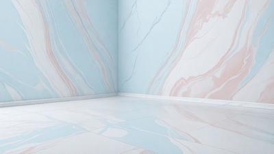 The primary subject of the image is a white tiled floor with a blue wall in the background. The visual style appears to be a photo, and the colors and mood are predominantly white and blue, creating a clean and calming atmosphere.