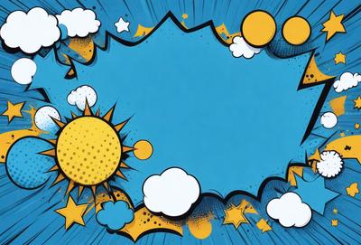 The primary subject of the image is a blue background with a sun and clouds drawn on it. The setting is a blue sky with clouds, and the visual style is a combination of digital art and illustration. The colors and mood of the image are predominantly blue and sunny, creating a bright and cheerful atmosphere.
