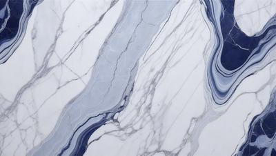 The primary subject of the image is a marble countertop with a blue and white pattern. The setting is a kitchen, and the visual style is a close-up of the marble countertop. The colors and mood of the image are predominantly blue and white, creating a clean and elegant atmosphere.