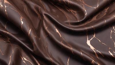 The primary subject of the image is a marbled fabric, which is the main object, scene, or focus of the image. The setting or background is a dark brown surface, which adds to the overall atmosphere. The visual style of the image is a close-up of the marbled fabric, showcasing its intricate patterns and textures. The colors and mood of the image are dark and moody, with the marbled fabric providing a rich and luxurious appearance.