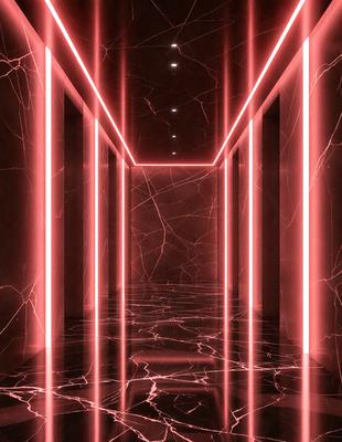 The primary subject of the image is a hallway with a red light illuminating it. The setting is a dark room with a marble floor, and the visual style appears to be a digital art or illustration. The colors and mood of the image are predominantly red, creating a bold and striking atmosphere.