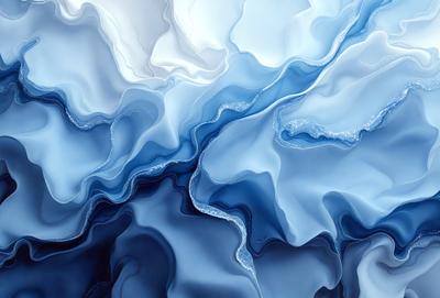 The primary subject of the image is a blue and white ocean wave. The setting is the ocean, with the wave being the main focus of the image. The visual style is a digital art or illustration, as the wave is depicted in a detailed and artistic manner. The dominant colors are blue and white, creating a serene and calming atmosphere.