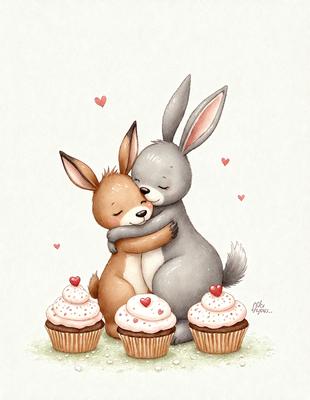 The primary subject of the image is a cute cartoon of a rabbit and a bear hugging each other. The setting is a grassy area with a cupcake in the foreground and several other cupcakes scattered around. The visual style is a combination of digital art and illustration, creating a whimsical and playful atmosphere. The colors are predominantly pink and white, which adds to the overall sweet and innocent mood of the scene.