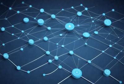 The primary subject of the image is a complex network of interconnected blue circles. The setting is a blue background, which creates a visually appealing contrast with the circles. The visual style is a combination of digital art and illustration, as the circles are arranged in a precise and intricate manner. The colors and mood of the image are predominantly blue, which gives it a calm and serene atmosphere.