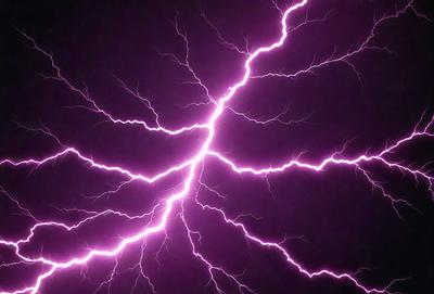 The primary subject of the image is a purple lightning bolt, which is the main object, scene, or focus of the image. The setting or background is a dark sky, and the visual style is a photo. The dominant colors in the image are purple and black, creating a dramatic and intense atmosphere.