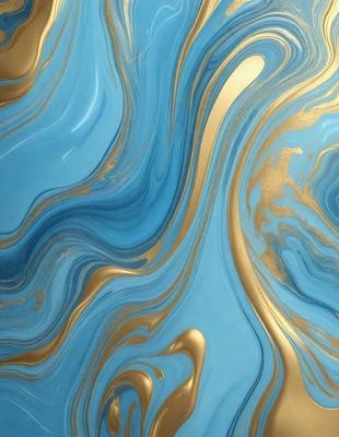The primary subject of the image is a blue and gold swirling pattern, which appears to be a digital art or illustration. The setting is a blue background, and the visual style is a combination of digital art and illustration. The dominant colors are blue and gold, creating a vibrant and lively atmosphere.