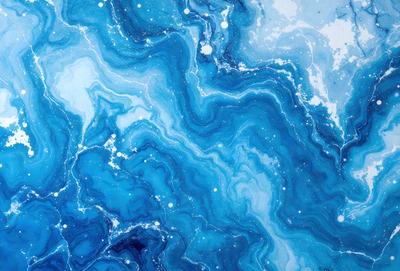 The primary subject of the image is a blue and white ocean scene with a swirling pattern. The setting is the ocean, and the visual style is a combination of photo and digital art. The dominant colors are blue and white, creating a serene and calming atmosphere.