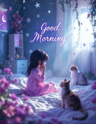 The primary subject of the image is a little girl sitting on a bed. The setting is a bedroom with a pink color scheme. The visual style is a digital art illustration. The colors and mood are predominantly pink, creating a warm and cozy atmosphere.