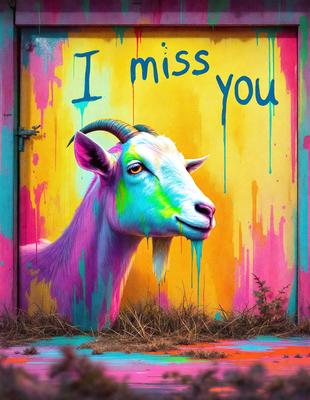 The primary subject of the image is a goat with a colorful, rainbow-colored coat. The goat is standing in front of a door, which serves as the setting for the scene. The visual style of the image is a combination of photo and digital art, creating a unique and vibrant appearance. The dominant colors in the image are the rainbow colors of the goat's coat, which contribute to a cheerful and lively atmosphere.