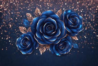 The primary subject of the image is a bouquet of blue roses. The setting is a dark blue background, which creates a dramatic and moody atmosphere. The visual style is a combination of digital art and illustration, giving the image a unique and artistic appearance. The colors and mood of the image are predominantly dark and mysterious, with the blue roses standing out as the focal point.