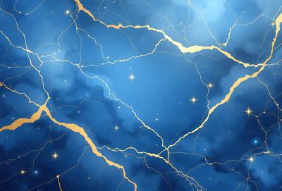 The primary subject of the image is a blue and gold starry background. The setting is a night sky, with the stars and the background being the main focus of the image. The visual style is a digital art or illustration, creating a vibrant and colorful atmosphere. The dominant colors are blue and gold, with the blue background and gold stars creating a sense of depth and beauty.
