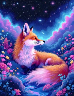 The primary subject of the image is a fox, which is the main object, scene, or focus of the image. The fox is sitting in a field of flowers, surrounded by a vibrant and colorful environment. The setting includes a sky background, adding to the overall atmosphere. The visual style of the image is a digital art or illustration, showcasing the fox in a detailed and artistic manner. The colors and mood of the image are predominantly pink and purple, creating a warm and
