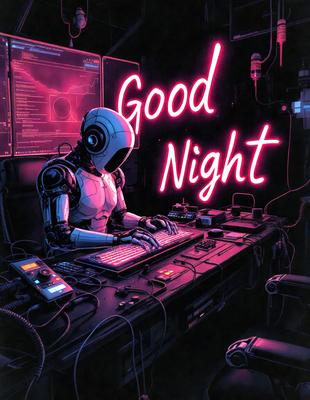 The primary subject of the image is a robot sitting at a desk, working on a computer. The robot is wearing a hat and appears to be typing on the keyboard. The setting is a dark room with a pink neon sign above the robot, creating a unique atmosphere. The visual style is a digital art or illustration, giving the image a futuristic and creative appearance. The dominant colors are pink and black, with the pink neon sign adding a touch of warmth to the otherwise dark environment.