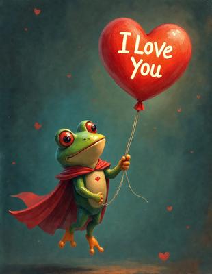 The primary subject of the image is a small green frog holding a red heart-shaped balloon. The frog is wearing a red cape, and the heart-shaped balloon is attached to a string. The setting is a dark background, which contrasts with the bright red heart balloon and the green frog. The visual style is a digital illustration, creating a whimsical and playful scene. The colors and mood of the image are predominantly red and green, with a