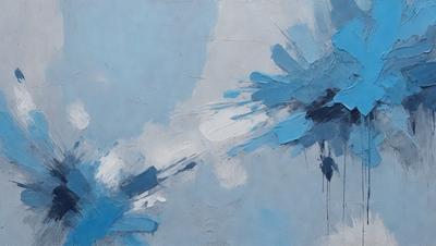 The primary subject of the image is a painting of a blue bird. The setting is a cloudy sky, and the visual style appears to be a digital art or illustration. The dominant colors in the painting are blue and white, creating a calm and serene atmosphere.