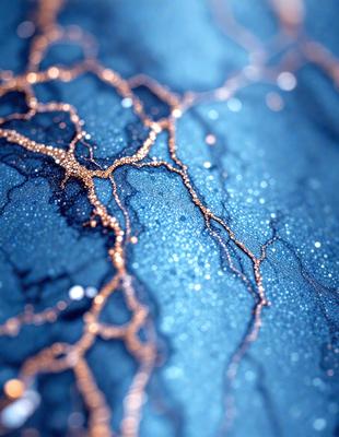 The primary subject of the image is a blue background with a pattern of gold streaks. The setting appears to be a blue ocean, and the visual style is a combination of photo and digital art. The dominant colors are blue and gold, creating a serene and calming atmosphere.