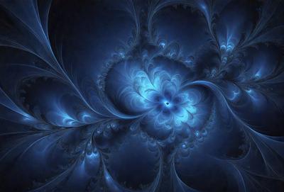 The primary subject of the image is a blue and white flower, which is the main object, scene, or focus of the image. The setting or background features a blue and white swirling pattern, which adds to the visual style of the image. The overall atmosphere is serene and calming, with the blue and white colors creating a sense of tranquility.
